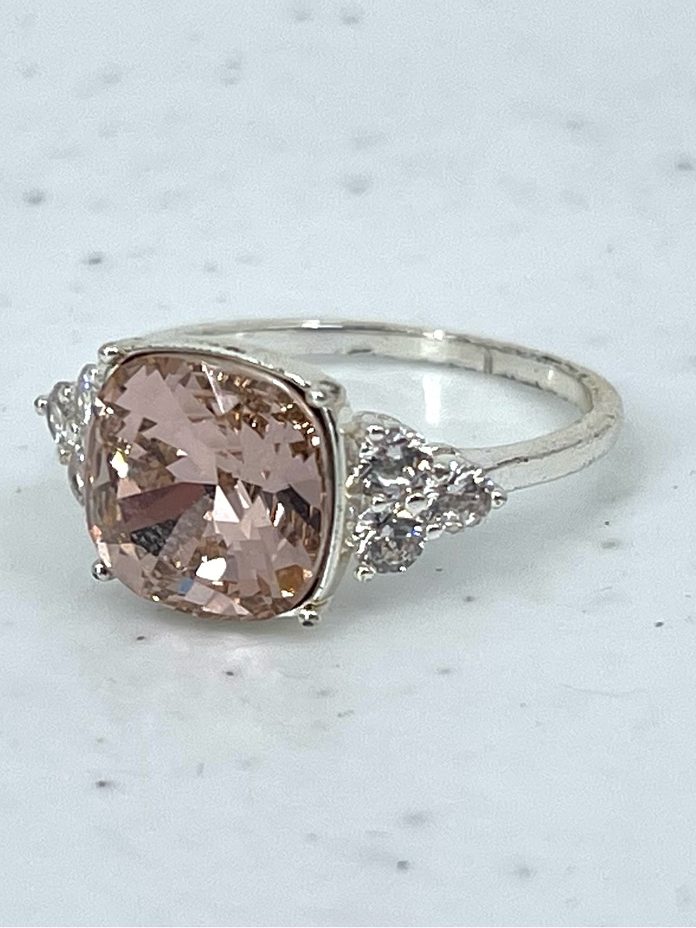 Fashion silver toned large square pink stone ring